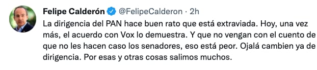 Calderón lamentó la reunión entre el Pan y VOX (Foto: Captura de pantalla Twitter)