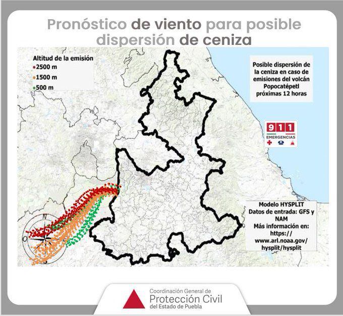 Mapa que muestra la dirección que tomarán las emisiones del volcán Popocatépetl hoy lunes 20 мая