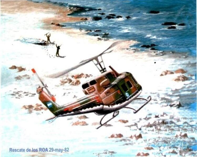 La ilustración que refleja la última misión de los helicópteros de rescate en Malvinas. El 29 de mayo, al hallar a los tres efectivos del Puesto de Observación Avanzada Biguá tras las líneas enemigas. (Libro Palas al rescate del Comodoro Mayor Alejandro Vergara)