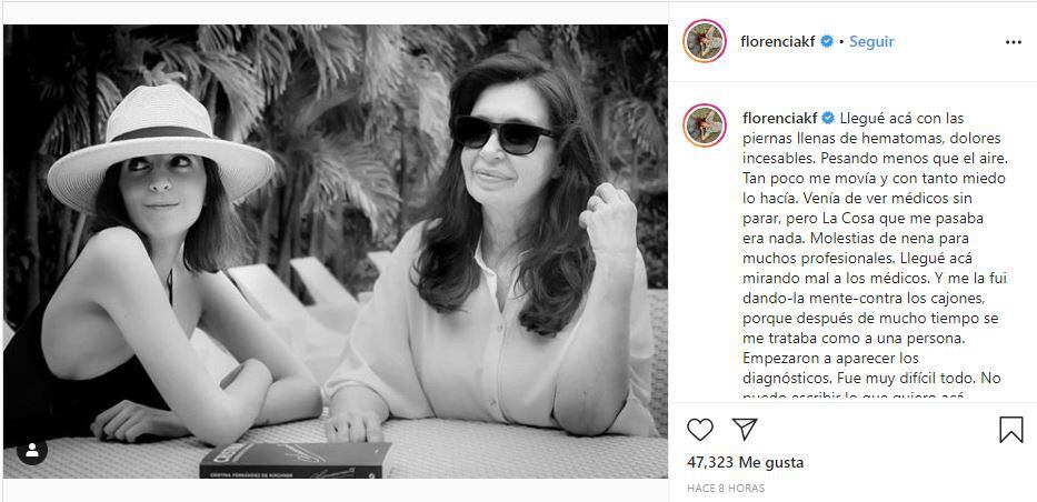 La publicación de Florencia Kirchner en Instagram antes de volver a Buenos Aires.