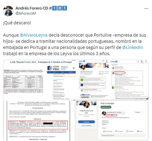 Andrés Forero denunció que Álvaro Leyva nombró a persona que trabajó en una empresa relacionada con sus familiares en la embajada de Portugal - crédito captura de pantalla.