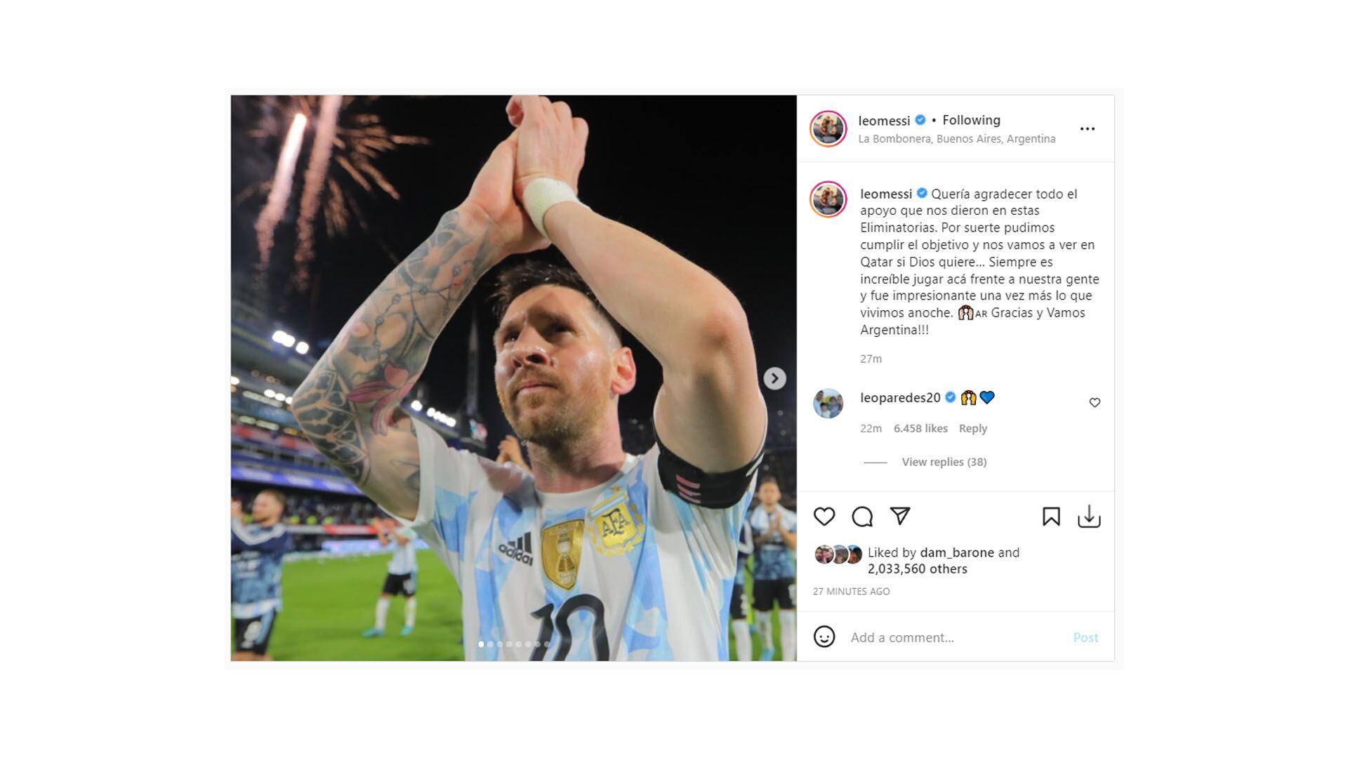フロントページBomboneraでベネズエラに勝利した後のメッシのポスト