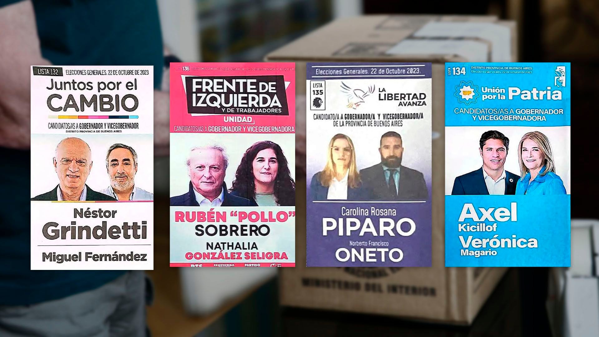 Todas las boletas de los candidatos a gobernador en las elecciones de la provincia de Buenos Aires 2023.