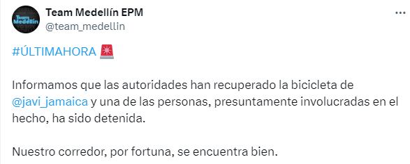 El reporte indica que el pedalista está fuera de peligro - crédito Team Medellín