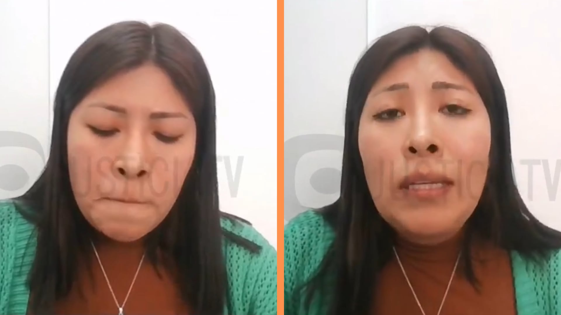 Una foto de dos momentos mostrando a la exprimera ministra Bettsy Chávez a punto de llorar