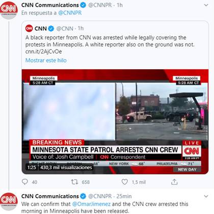 En un tuit, la CNN seÃ±ala la diferencia en el tratamiento dado a Jimenez, que es negro, y a uno de sus colegas, que es blanco, al que no le hicieron nada. En otro, anuncia la liberaciÃ³n del corresponsal