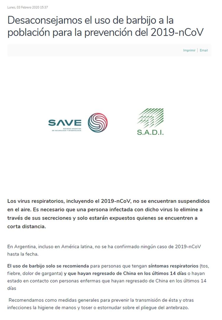 El comunicado de la SADI respecto al uso del barbijo en Argentina (sadi.org.ar)