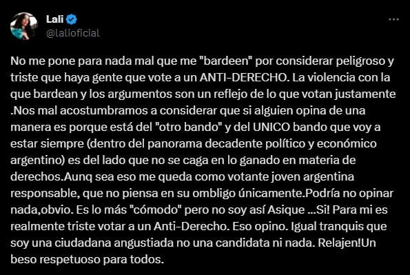 El mensaje de Lali Espósito respondiendo a las críticas que generó su comentario sobre el triunfo de Javier Milei