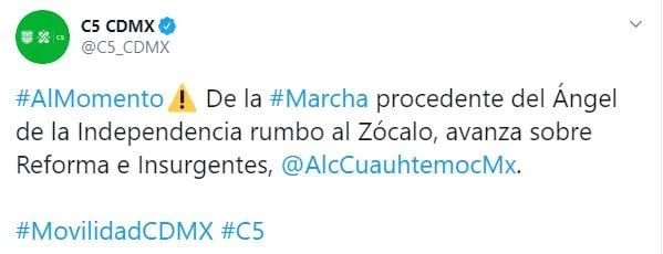 El gobierno de la CDMX avisa sobre manifestantes encapuchados sobre Reforma (Foto: Twitter / @C5_CDMX)