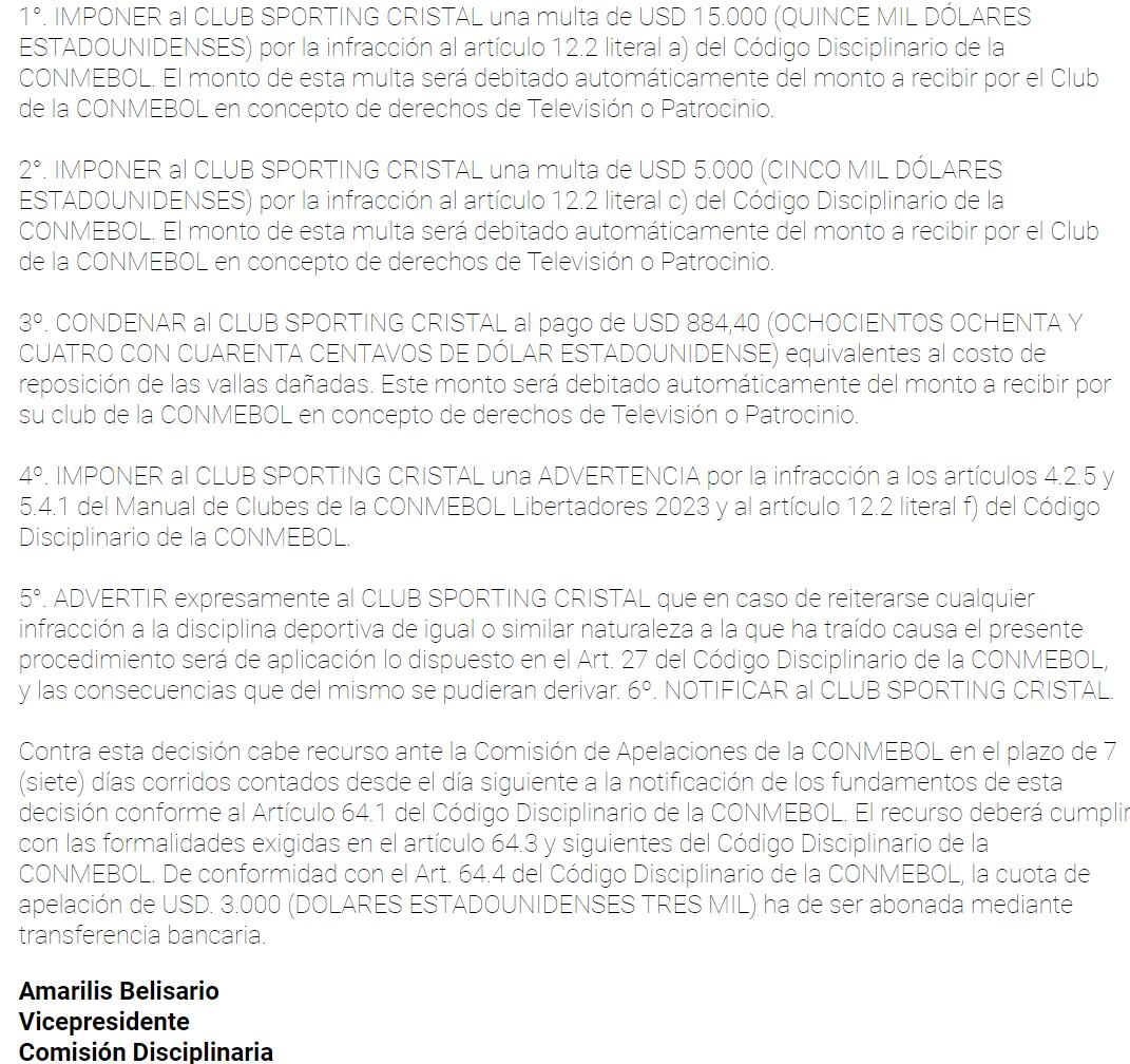 Sanciones impuestas a Sporting Cristal por la Confederación Sudamericana de Fútbol. (Captura web Conmebol)