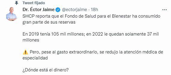 Según explicó el panista, en 2019 el Fondo de Salud tenía un total de 105 mil millones de pesos (Foto: Twitter/@ectorjaime)