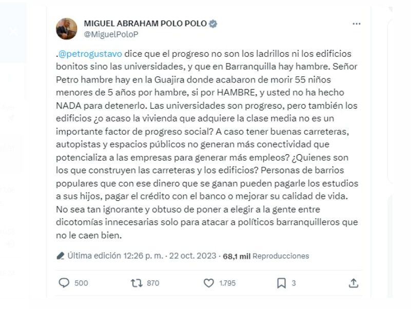 Con este mensaje, el representante Miguel Polo Polo se fue lanza en ristre contra el presidente Gustavo Petro y sus críticas al modelo de desarrollo de Barranquila - crédito @MiguelPoloP/X