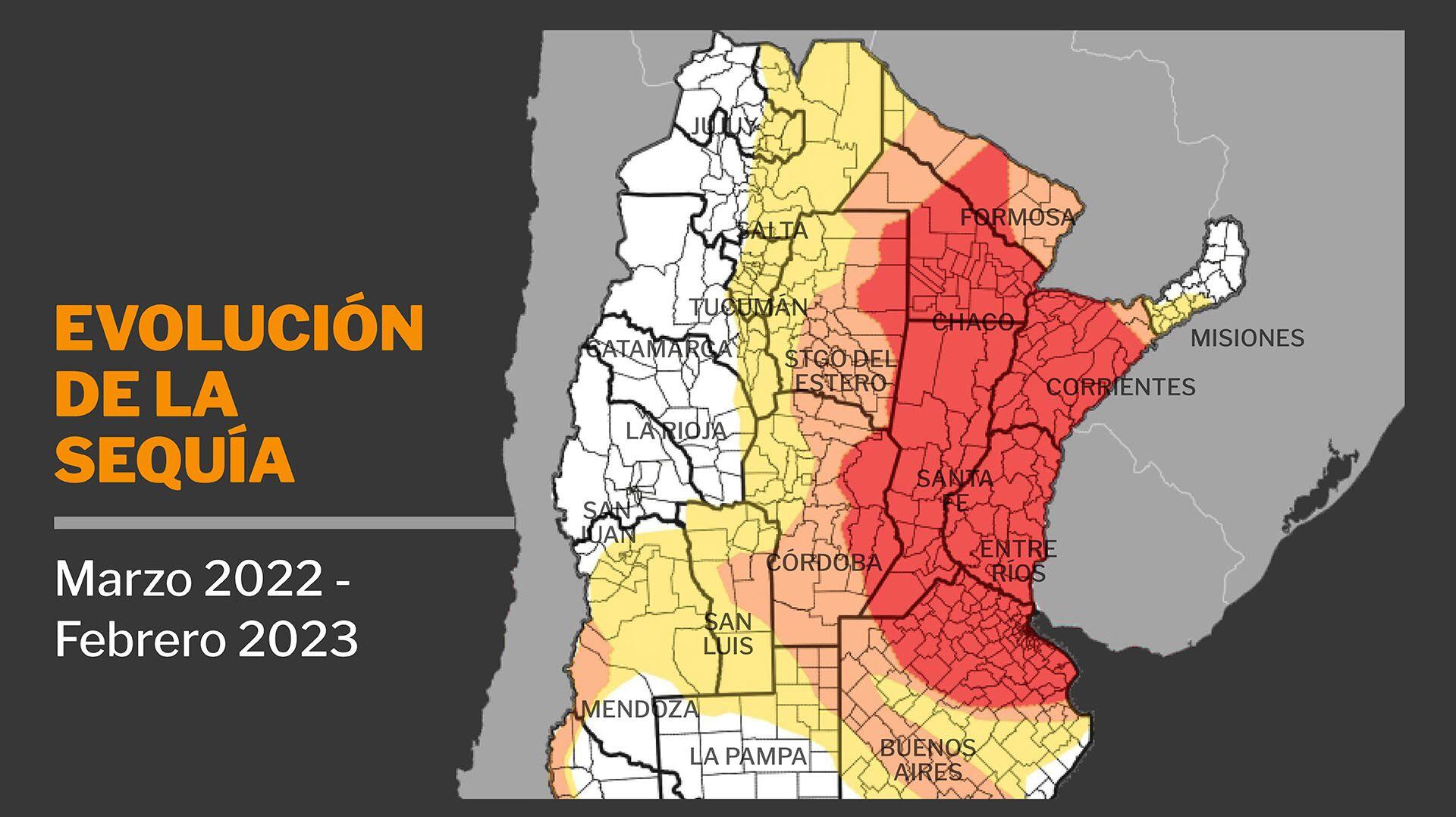 Mapa evolución de sequía febrero 2023 argentina