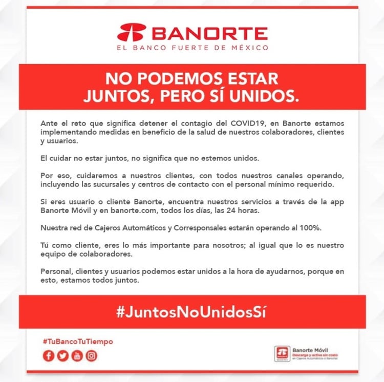 Banorte toma medidas para beneficio de sus clientes (Foto: Twitter@Banorte_mx)