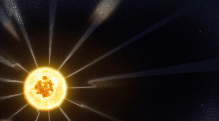 Esta imagen, tomada de un video de animación proporcionado por la NASA, muestra cambios en la dirección del campo magnético incluido en el viento solar que sale del sol, detectados por la herramienta FIELDS de la sonda solar Parker de la NASA. (NASA/Goddard/CIL via AP)