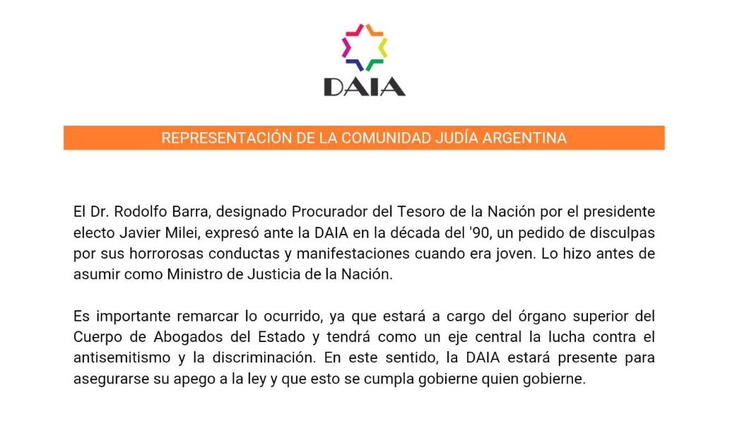 El comunicado de la DAIA sobre Barra