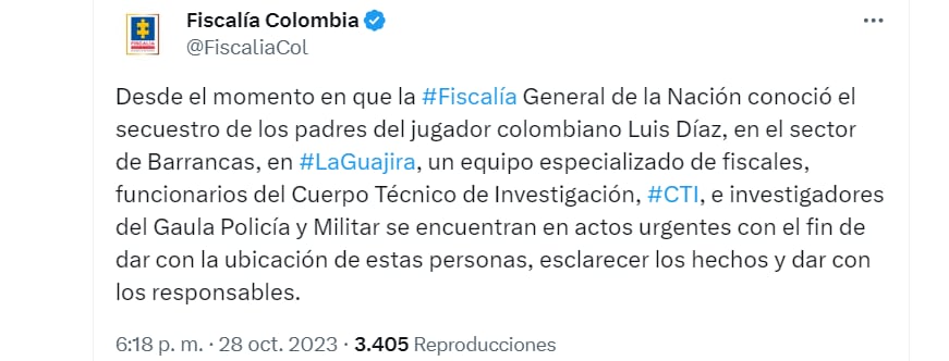 La Fiscalía también apoya la labor del Gaula y Militares por el secuestro de los papás de Luis Díaz - crédito @FiscaliaCol