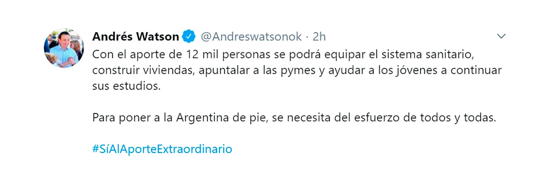 El tuit del intendente Andrés Watson en respaldo al impuesto a la riqueza
