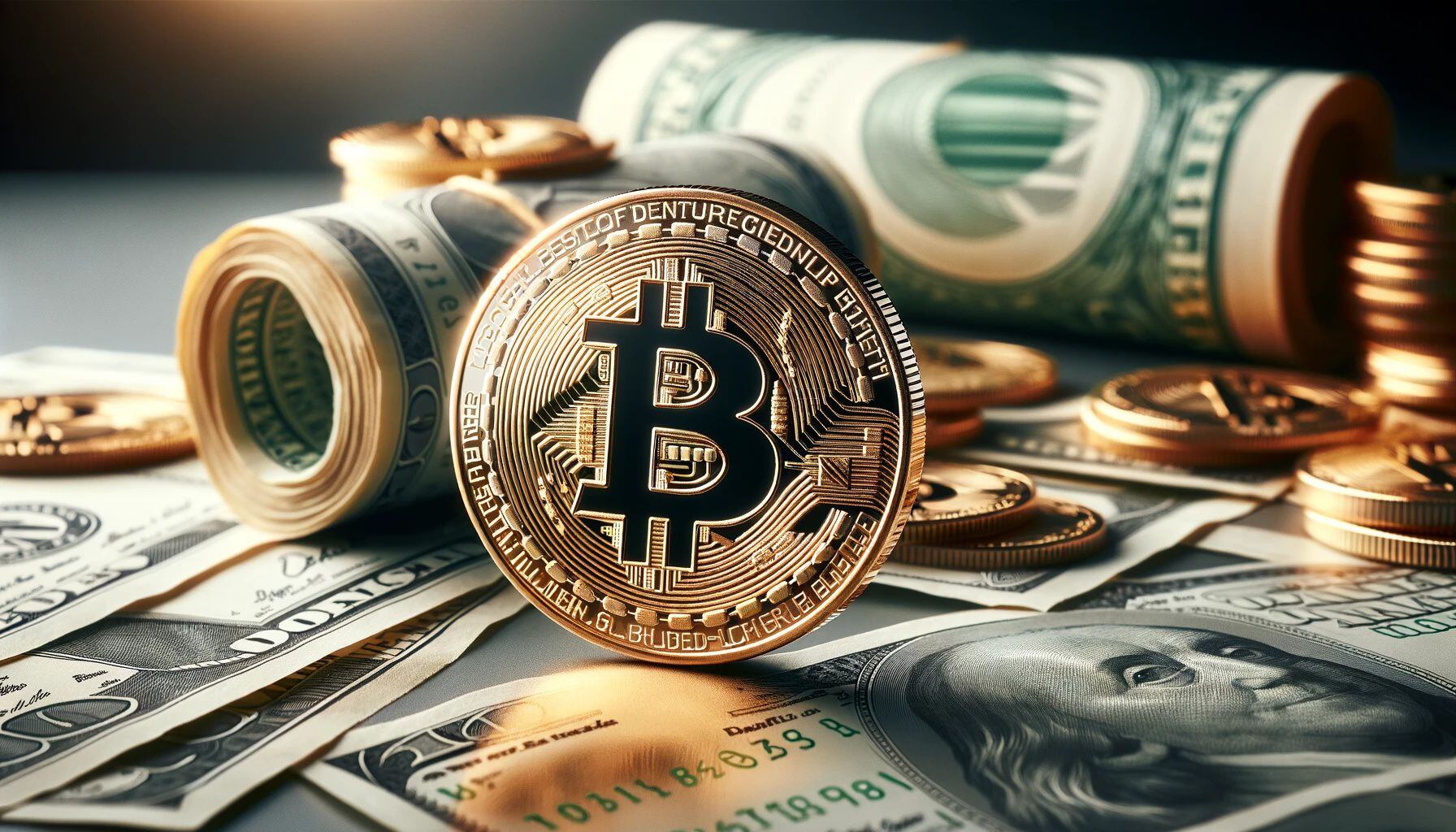 una moneda bitcoin junto billetes americanos (Imagen Ilustrativa Infobae)