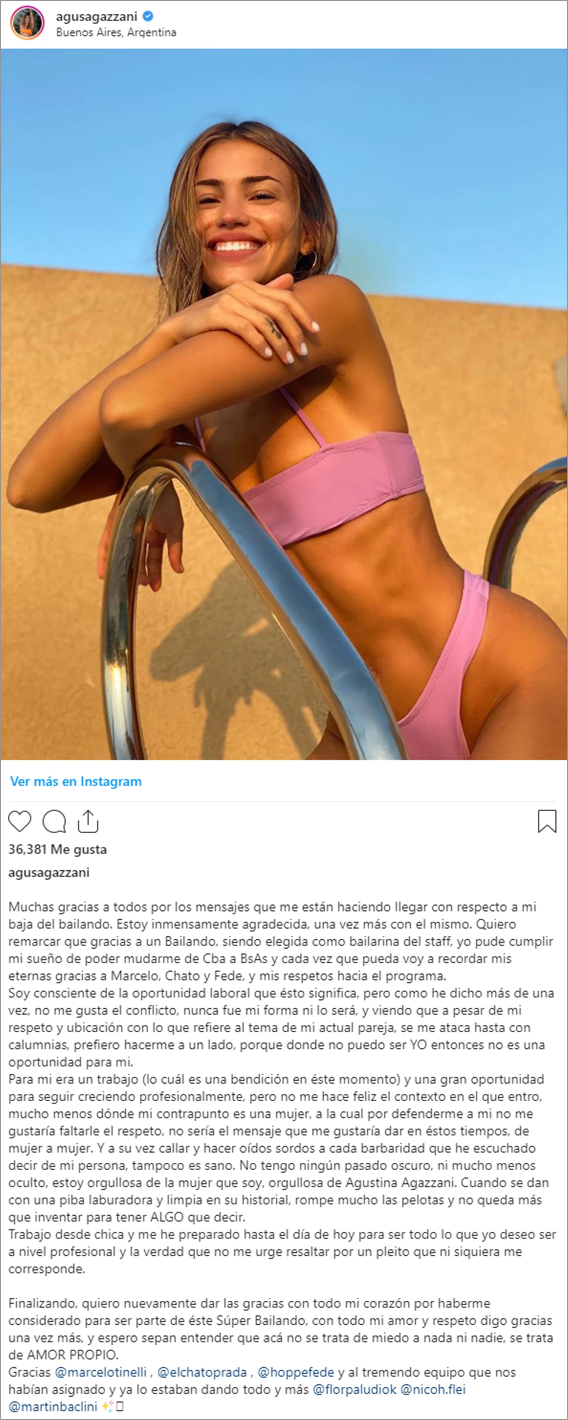 La renuncia de Agustina Agazzani (Instagram)