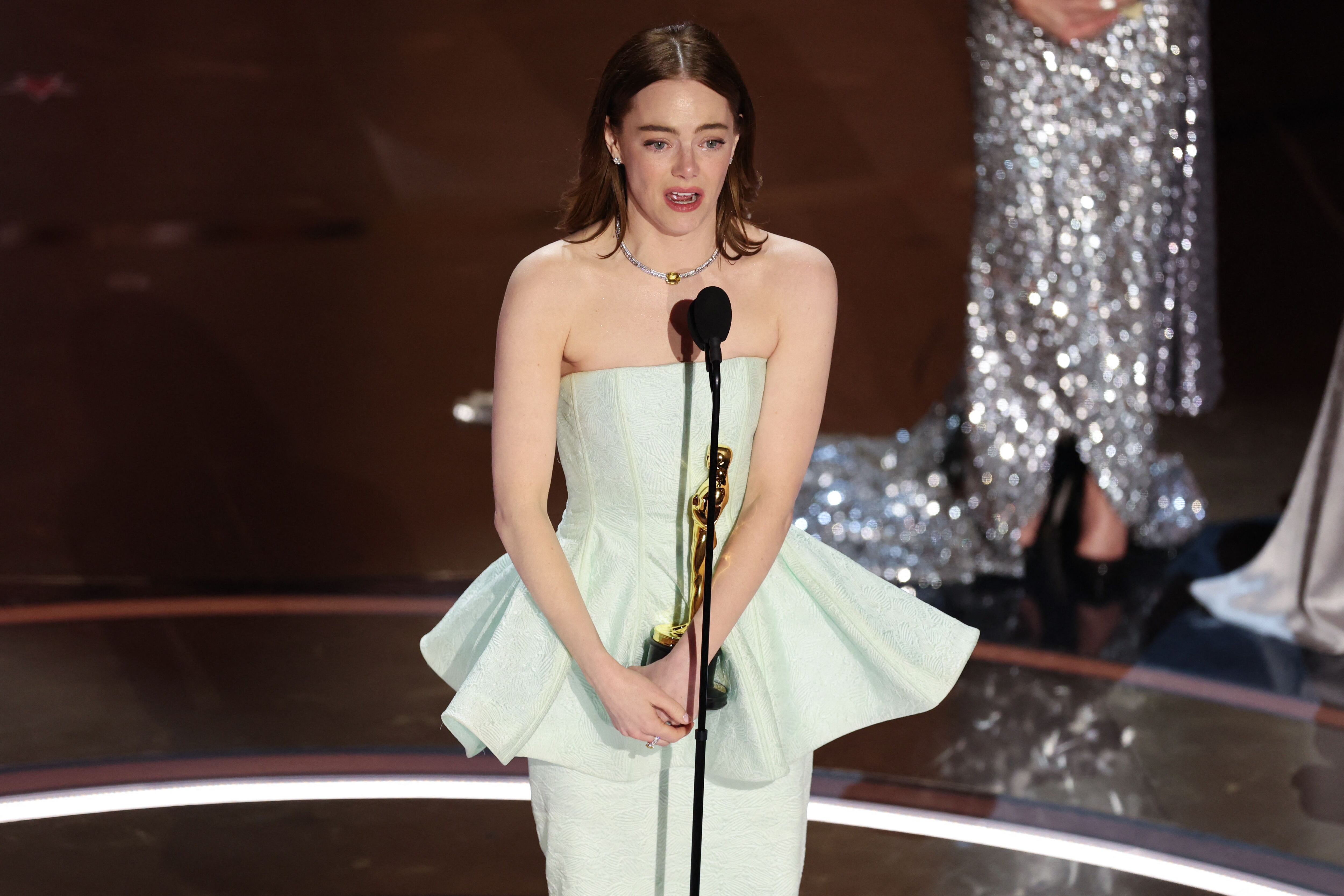 Emma Stone wins the Oscar for Best Actress for "Poor Things" during the Oscars show at the 96th Academy Awards in Hollywood, Los Angeles, California, U.S., March 10, 2024. REUTERS/Mike Blake