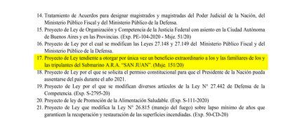 El proyecto de ley enviado al Parlamento por el gobierno de Alberto Fernández, para resarcir a las víctimas del ARA San Juan. Son unos 48 millones menos de pesos que lo reclamados por una de las querellas de la causa.