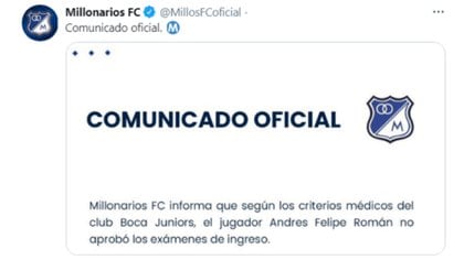El comunicado de Millonarios FC por el caso de Felipe Román y Boca
