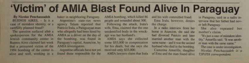 El caso del falso muerto en el atentado a la AMIA tuvo repercusión mundial: aquí, un artículo del Texas Jewish Post