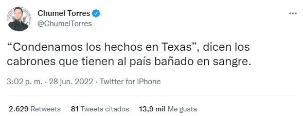 Chumel Torres arremetió contra la 4T por tener a México "bañado en sangre" (Captura: Twitter @ChumelTorres)