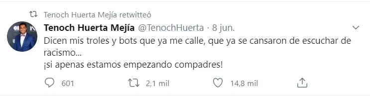 El actor de ascendencia indígena se ha mostrado incisivo en la lucha contra el racismo y el clasismo en México (Foto: Twitter @TenochHuerta)