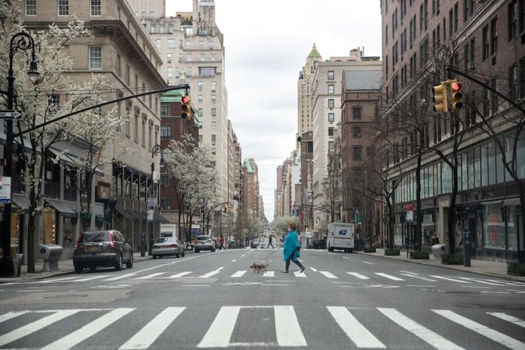 Foto del martes de una mujer paseando un perro en una casi desierta Madison Avenue en Nueva York. Mar 31, 2020. REUTERS/Jeenah Moon