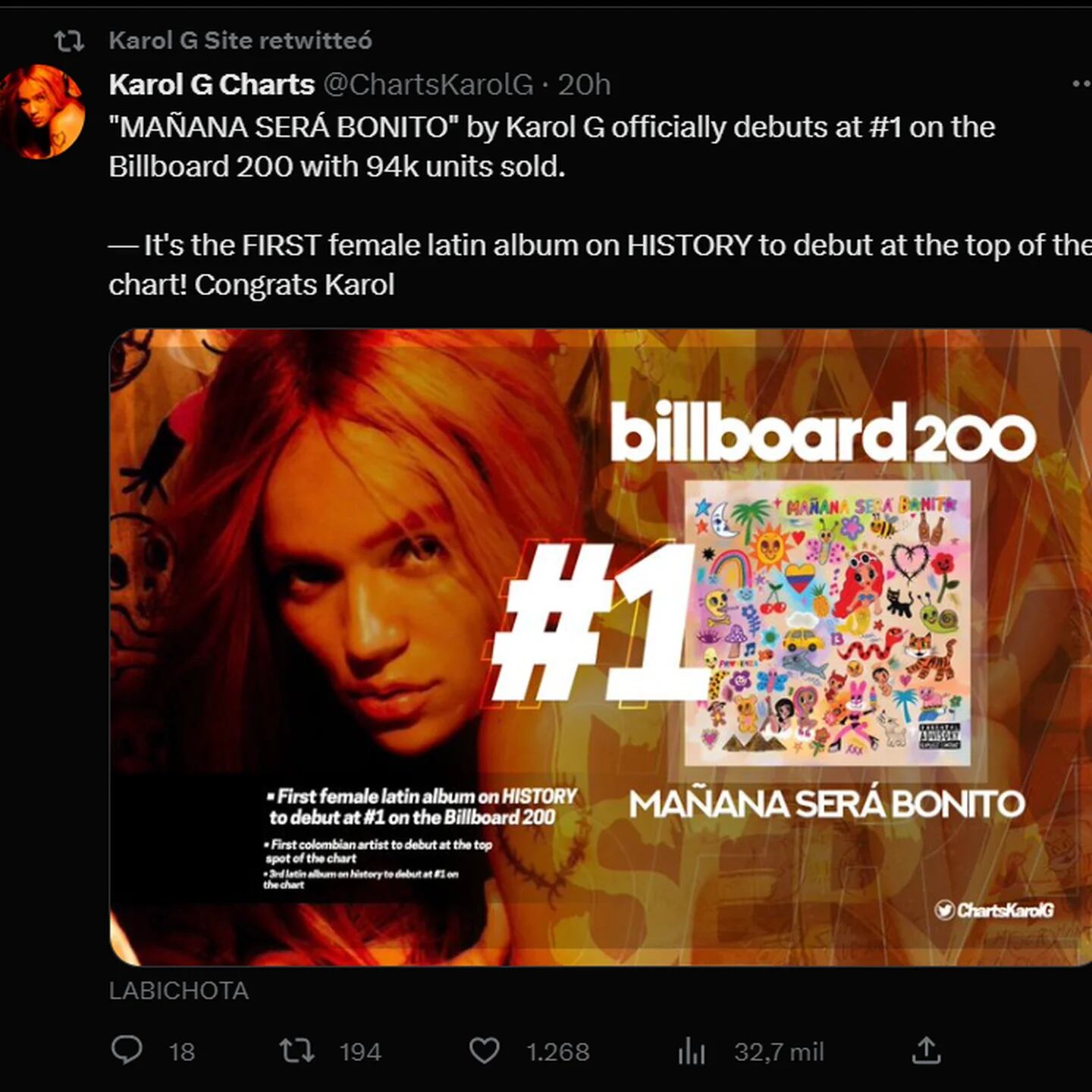 Karol G hace historia con álbum No. 1 en Billboard 200