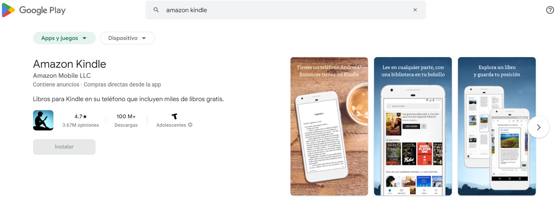 No es necesario contar con un dispositivo de lectura para utilizar la app de Amazon Kindle. (Google Play)
