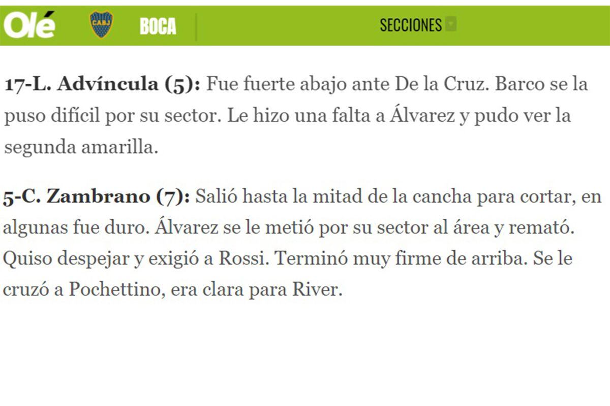 Comments and scores for 'Olé' by Luis Advíncula and Carlos Zambrano in Boca vs. River.