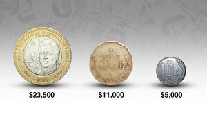 Las tres monedas de centavos y 10 pesos que se cotizan en línea desde 5,000 hasta 23,500 pesos