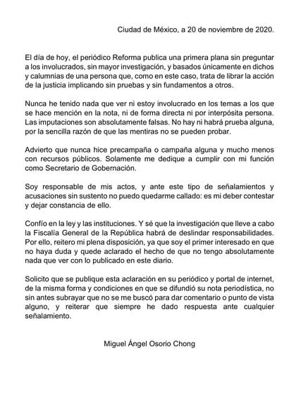 Carta del legislador al diario Reforma (Foto: Osorio Chong)
