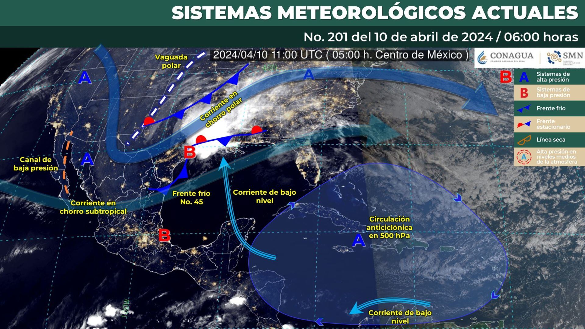 Mapa que muestra los sistemas meteorológicos que influirán en el clima de México para este miércoles 10 de abril