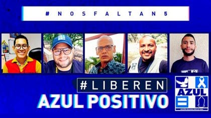 En redes sociales circulan pancartas pidiendo la liberación en Venezuela de los cinco trabajadores humanitarios de la ONG Azul Positivo