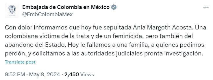 El mensaje de la embajada de Colombia en México, respecto a la modelo asesinada - crédito redes sociales