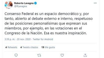 El primero de los tuits de Lavagna