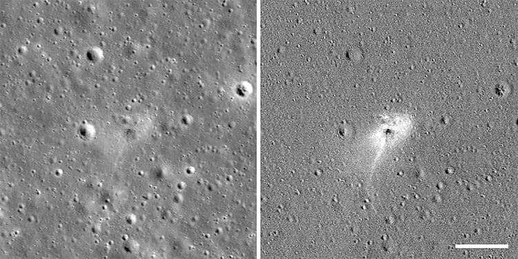 Las imágenes de la NASA del antes y el después del impacto del módulo espacial israelí Beresheet contra la superficie lunar. (NASA)