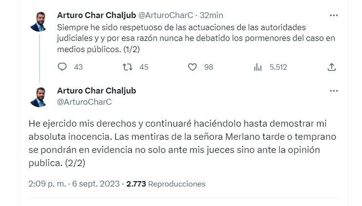 En su cuenta de X, el exsenador Arturo Char se pronunció sobre la situación judicial en su contra, luego de que la Corte Suprema dictara orden de captura en su contra - crédito @ArturoCharC/X