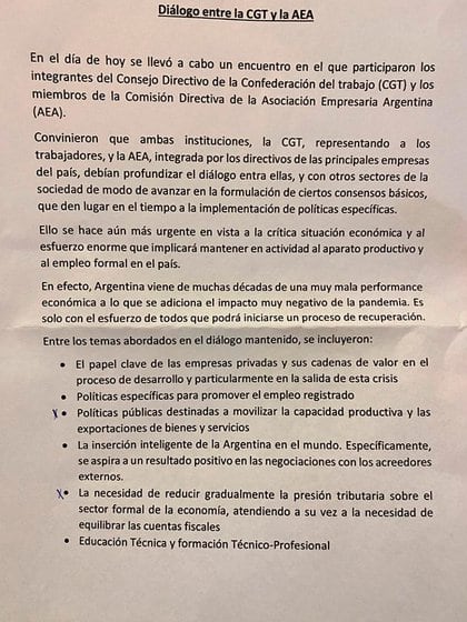 El documento conjunto de la AEA y la CGT