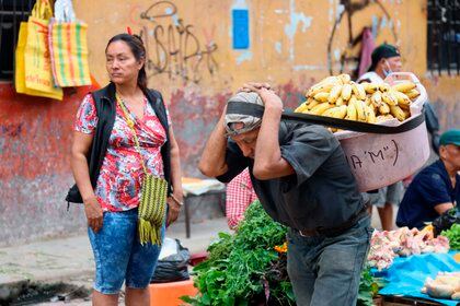 Un hombre carga bananos en un mercado en Iquitos (Perú). EFE/Lucho Gómez/Archivo 