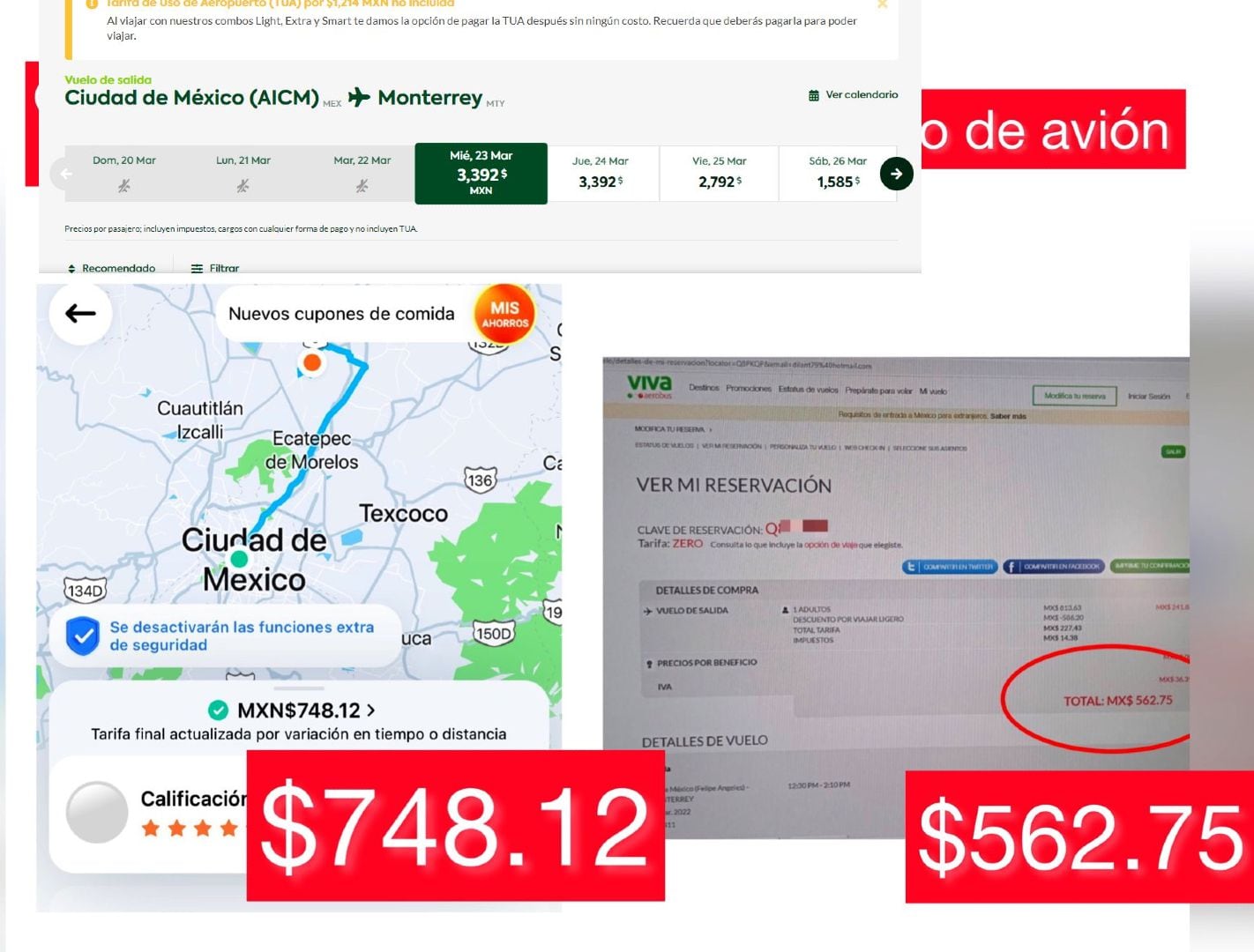 Comparação entre o custo dos voos para Monterrey com o custo do voo para Monterrey no Viva Aerobús: Acima da cotação Infobae, abaixo da KLR (Foto: Viva Aerobús/Twitter/ @kenialopezr)