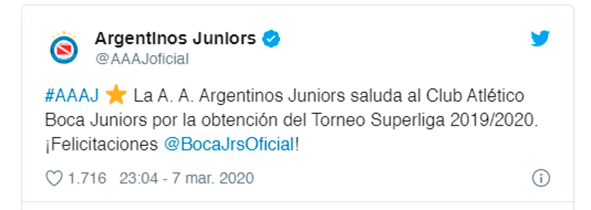 El mensaje de Argentinos Juniors a Boca por campeonato logrado