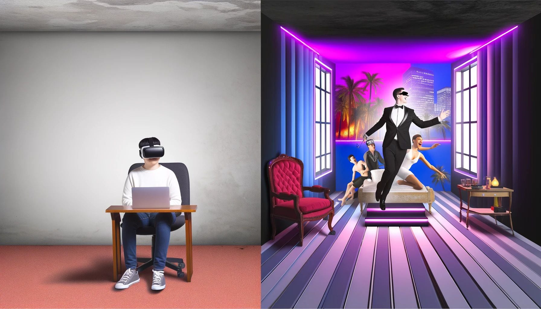 Una escena dividida de un hombre adulto con un casco, headset de realidad virtual, aumentada, contraste entre realidad y entorno virtual -  (Imagen Ilustrativa Infobae)