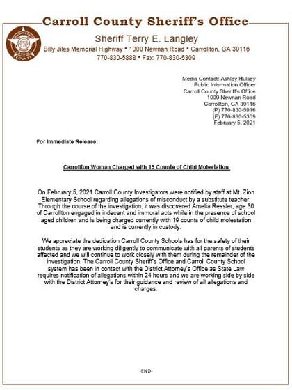 Comunicado difundido por la Oficina del Sheriff del condado de Carroll sobre el caso (Foto: Facebook@Carroll County Sheriff's Office)