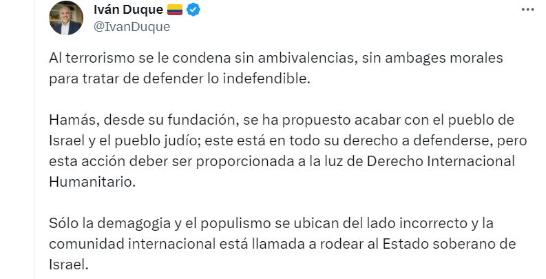 El expresidente dice que el terrorismo se debe condenar - crédito @IvanDuque