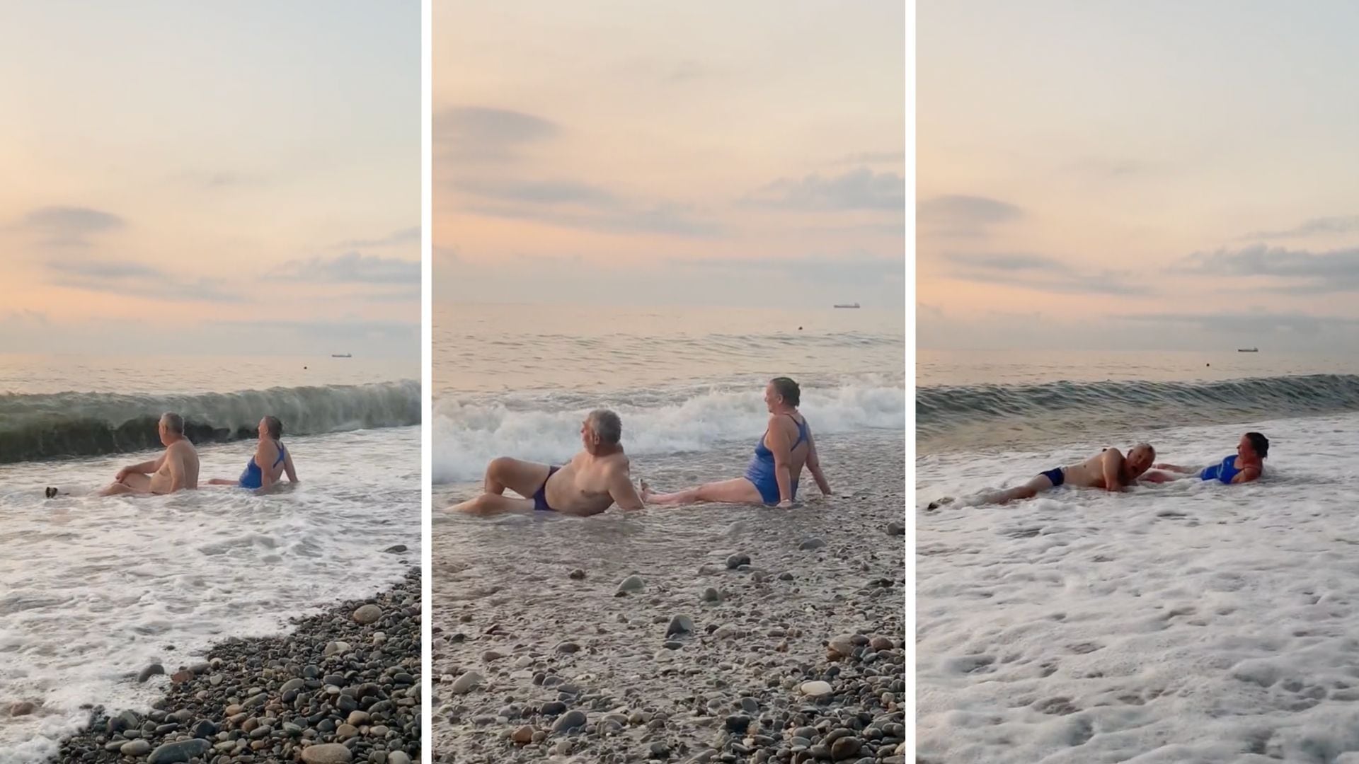 El video muestra a una pareja disfrutando de las olas del mar en un bello atardecer